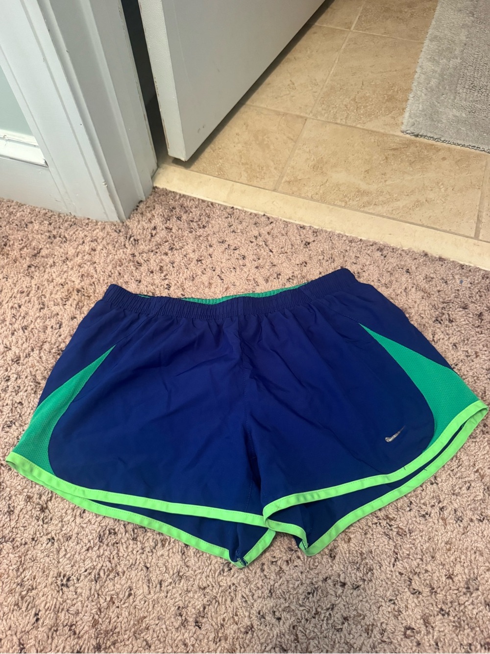 Nike Women's Blue Shorts with Green Trim Athletic Running Shorts